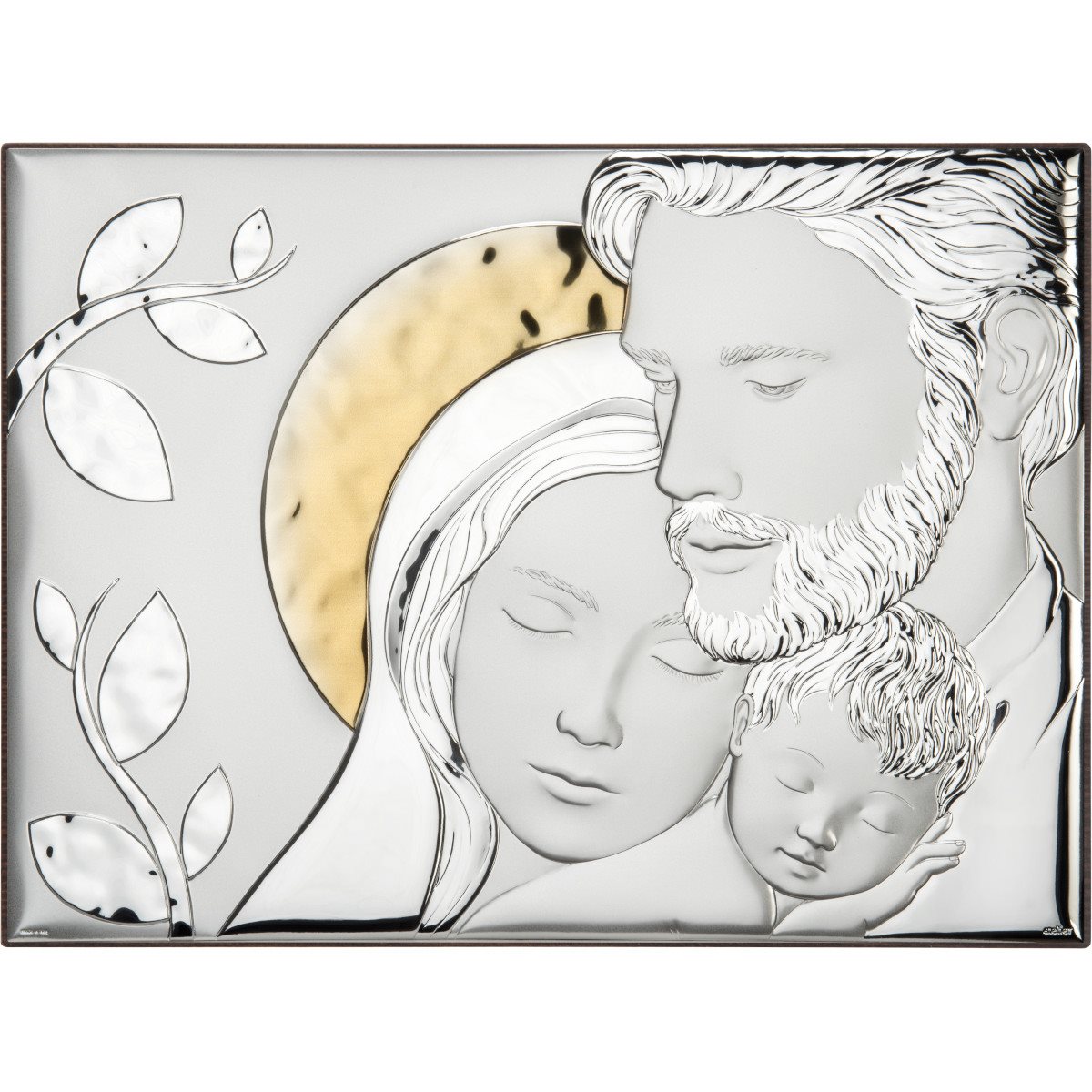 Quadro sacro piccolo raffigurante la sacra famiglia in argento laminato con dettagli dorati