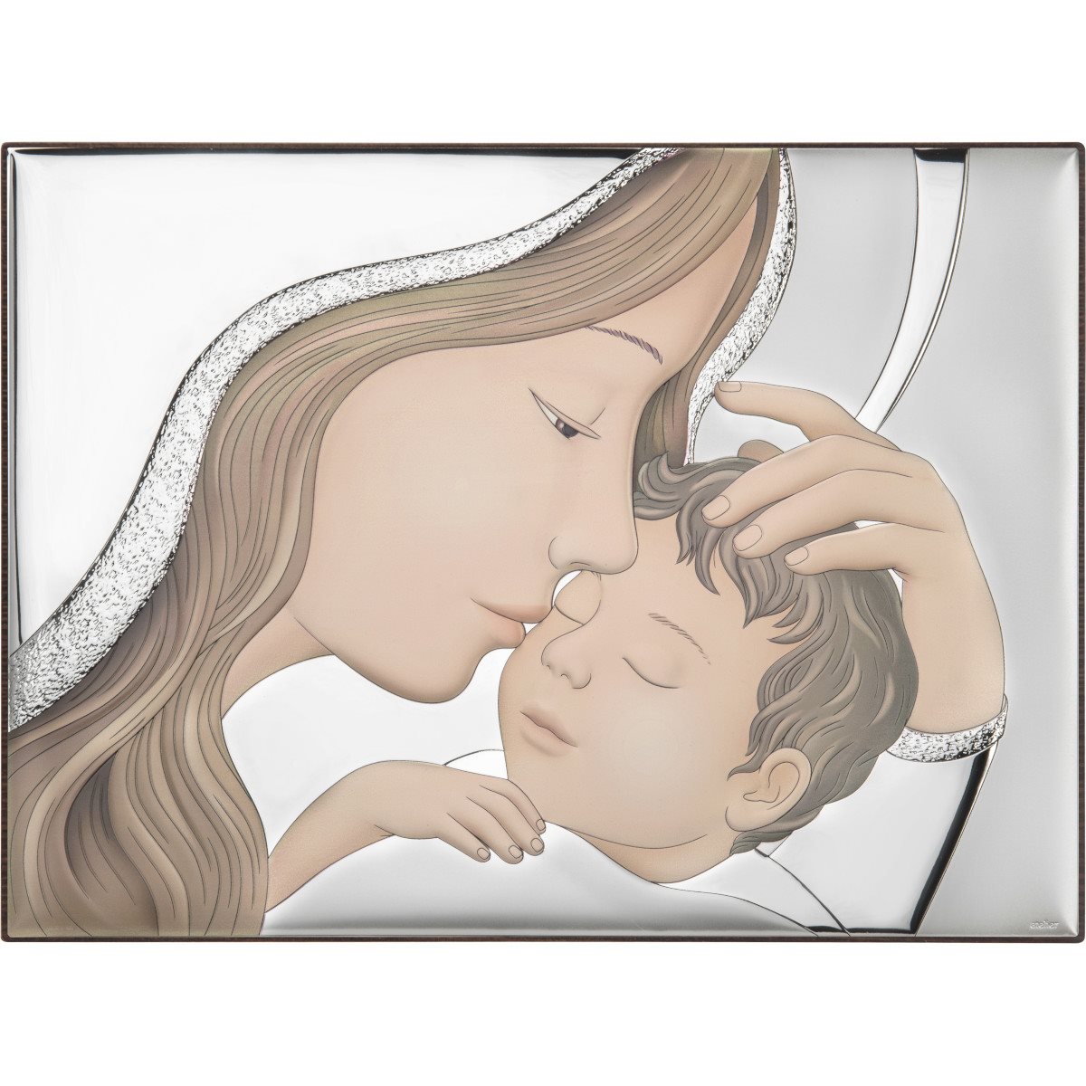 Quadro sacro piccolo con maternit in argento laminato con dettagli colorati a effetto ceramica