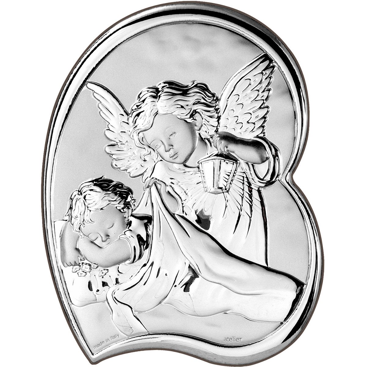 Quadro sacro piccolo con angelo custode in argento laminato con finitura argentata