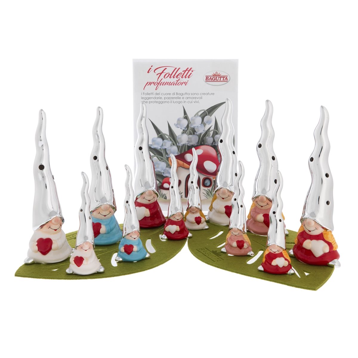 Expokit composto da 12 profumatori per ambiente in ceramica a forma di folletti colorati con cappello argentato e cuore