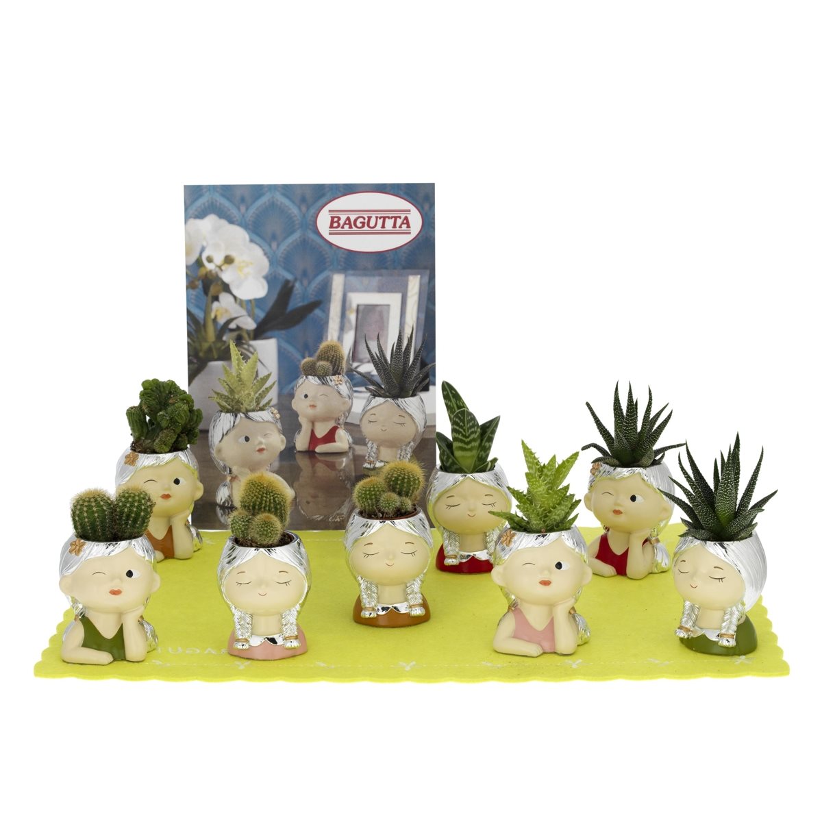 Expokit composto da 8 portavasi con testa di ragazza in ceramica con particolari argentati e colorati