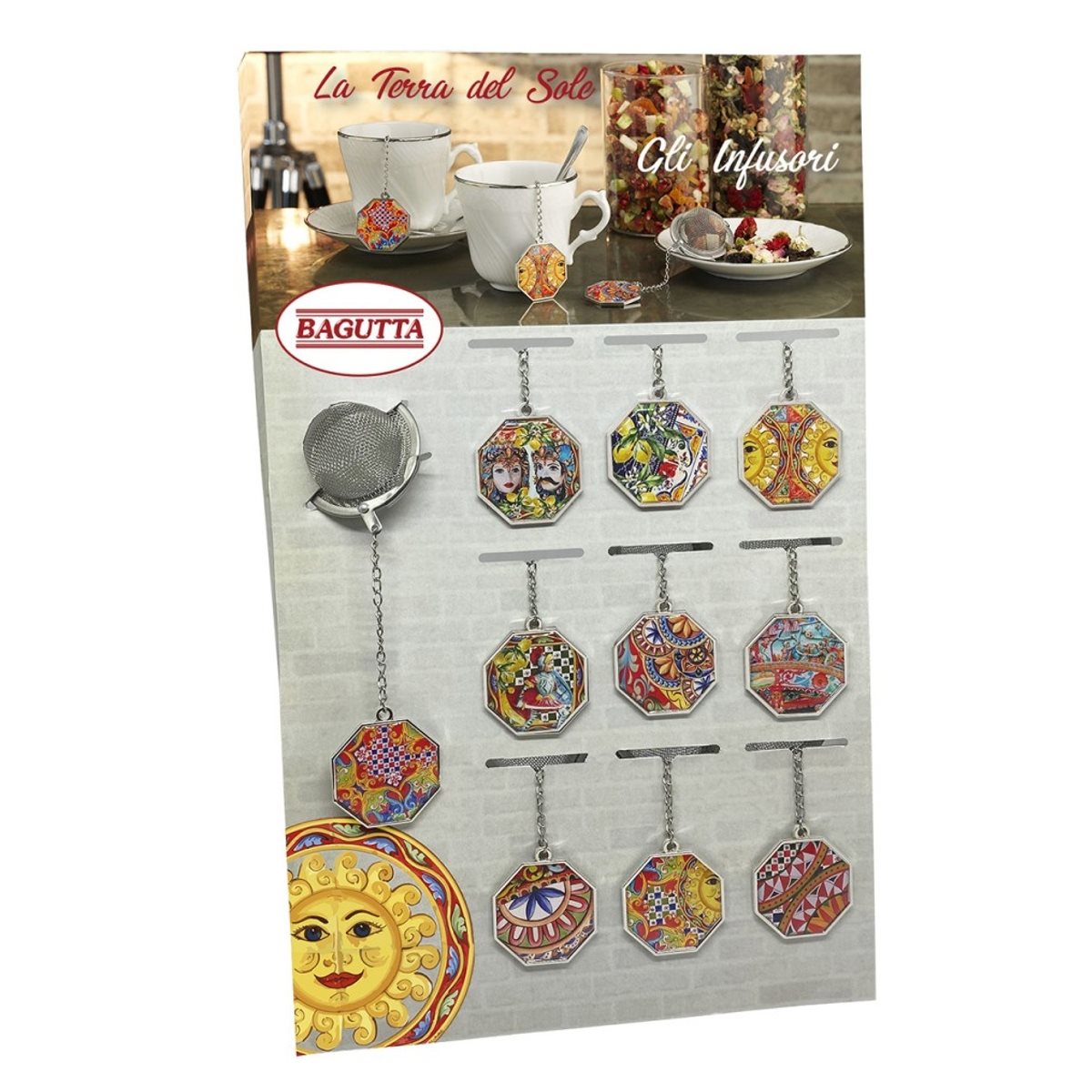 Expokit con 10 infusori per th� con ciondolo in acciaio e gomma stampata con decorazioni siciliane