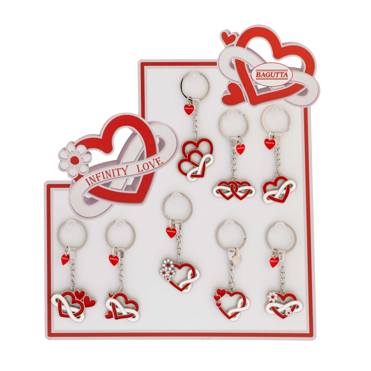 Expokit composto da 16 portachiavi in argento laminato con cuore e simbolo dell'infinito per san valentino