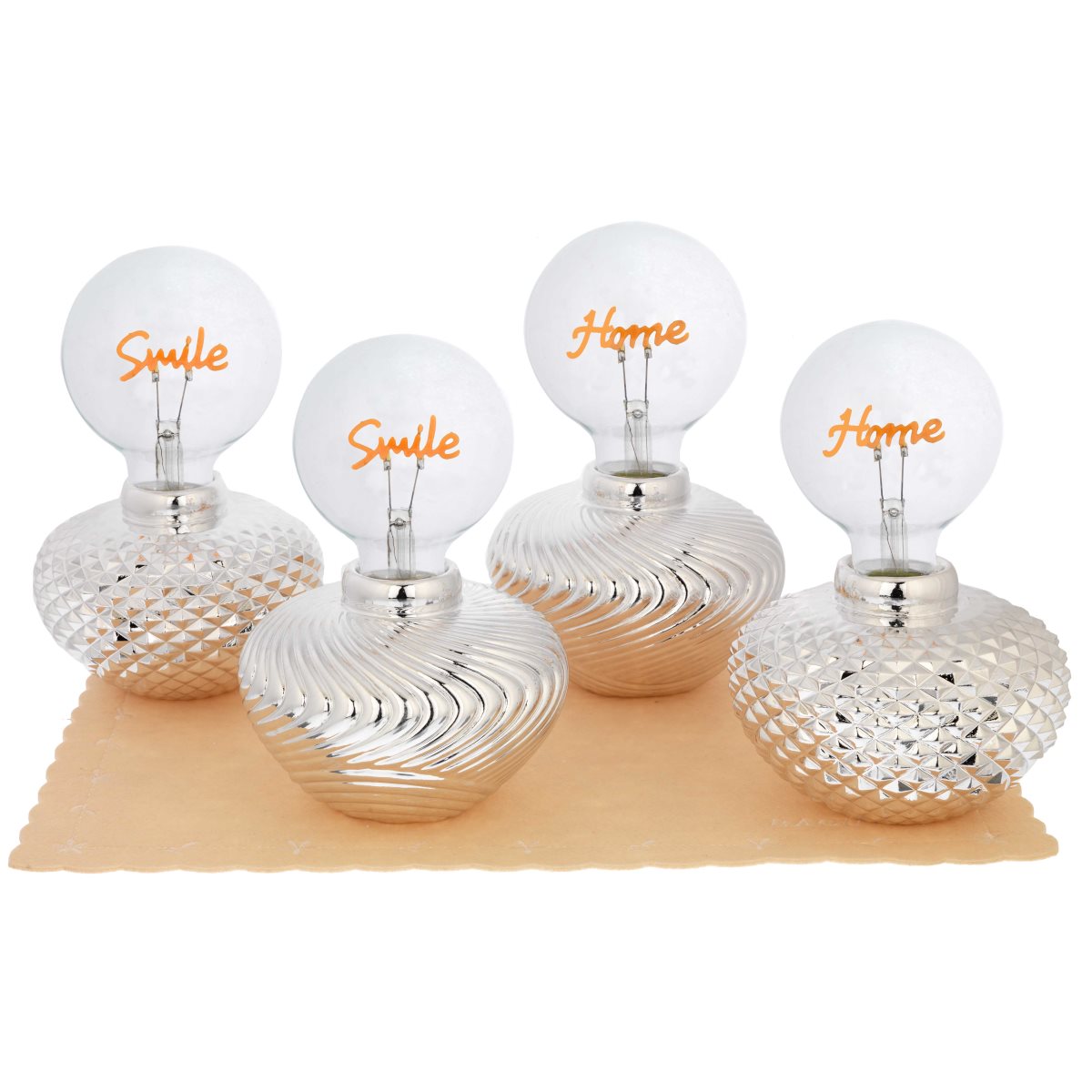 Expokit con 4 lampade di ambientazione wireless con vasetto in resina argentata e decorata e lampadina a led con scritte home e smile