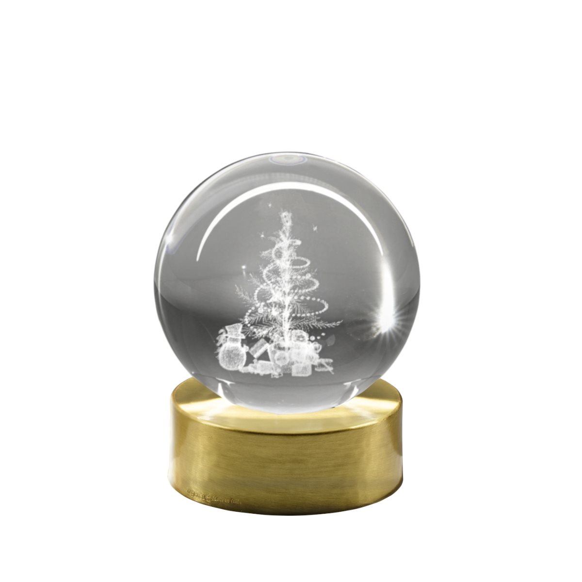 Lampada di ambientazione wireless con sfera in vetro, incisione a laser con albero di natale e base dorata spazzolata diam. 6 cm