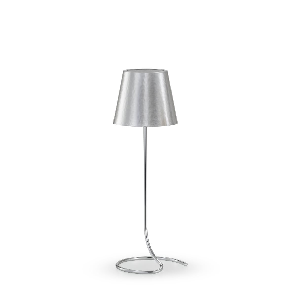 Lampada wireless antares a stelo in ottone argentato spazzolato con base a semicerchio, illuminazione regolabile e ricarica usb