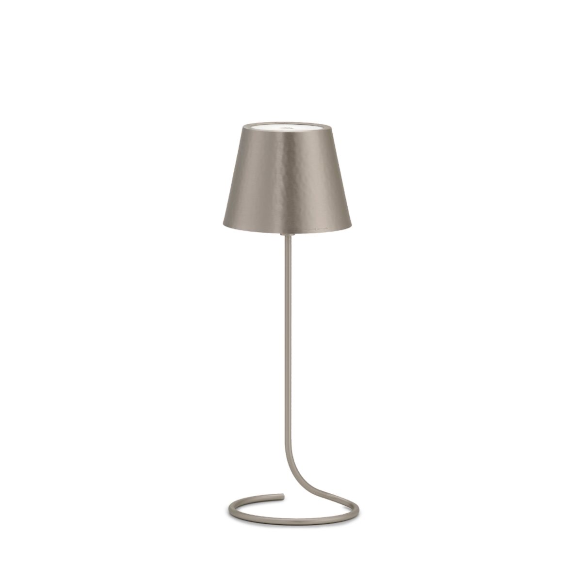 Lampada wireless antares pro a stelo in ottone argentato con finitura anticata e base a semicerchio, illuminazione regolabile e ricarica usb