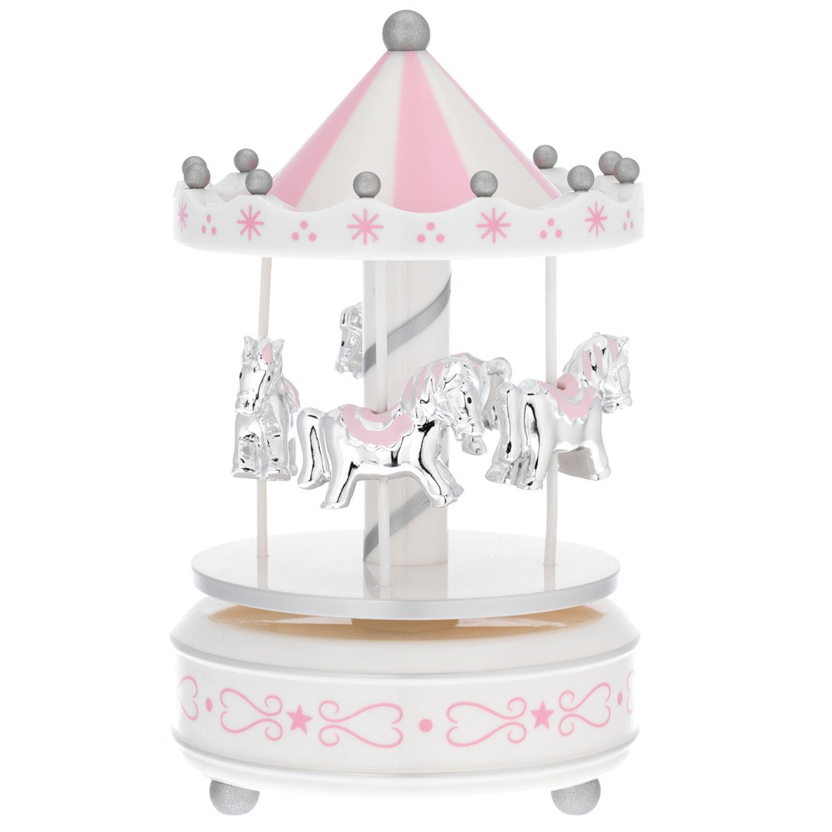 Giostra carillon in legno con cavalli rosa e base bianca 10x18