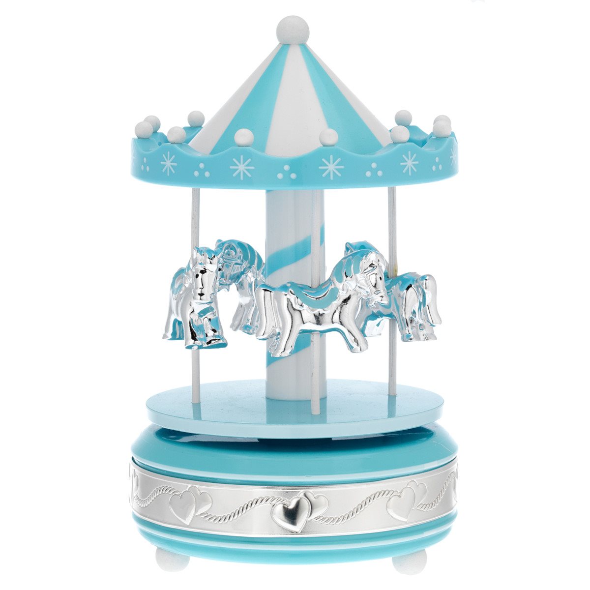 Giostra carillon in materiale acrilico con cavalli azzurra base colorata e fascia argento 10x18