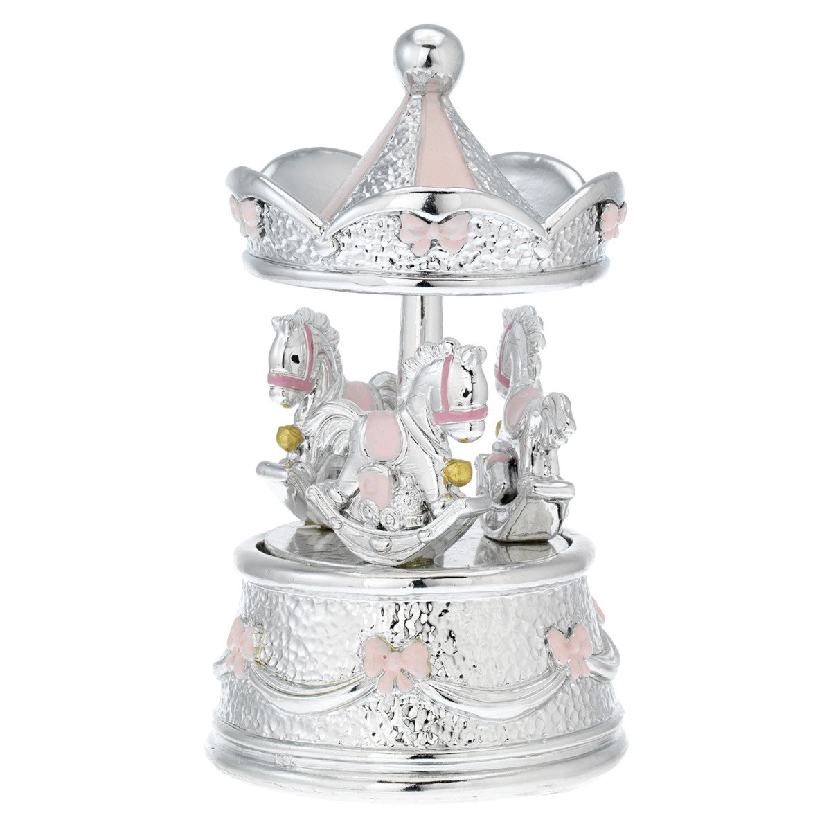 Giostra carillon in resina argentata con cavalli a dondolo rosa 10x17