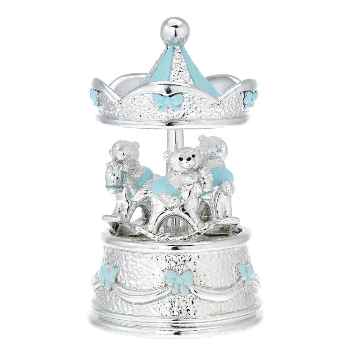 Giostra carillon in resina argentata con orsetti a dondolo azzurra 10x17