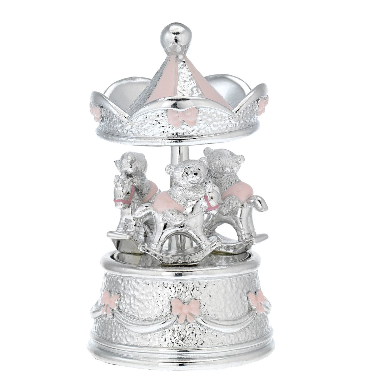 Giostra carillon in resina argentata con orsetti a dondolo rosa 10x17