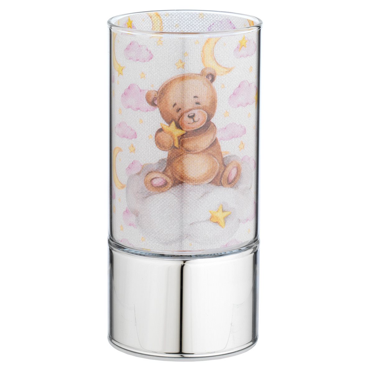 Mini-lampada di ambientazione in vetro 7x15 cm con decoro orsetto su nuvola rosa