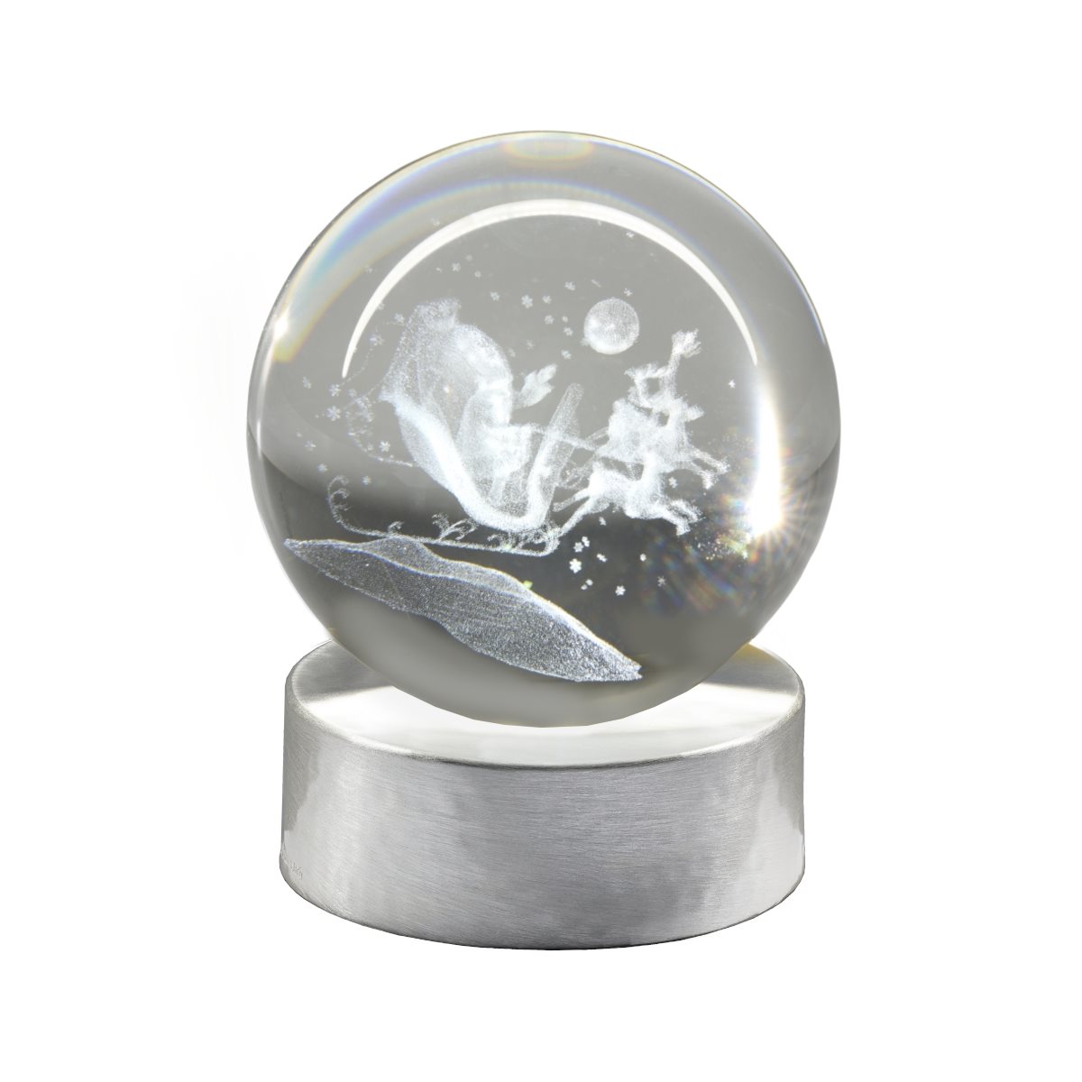 Lampada di ambientazione wireless con sfera in vetro, incisione a laser con babbo natale sulla slitta e base argentata spazzolata diam. 8 cm