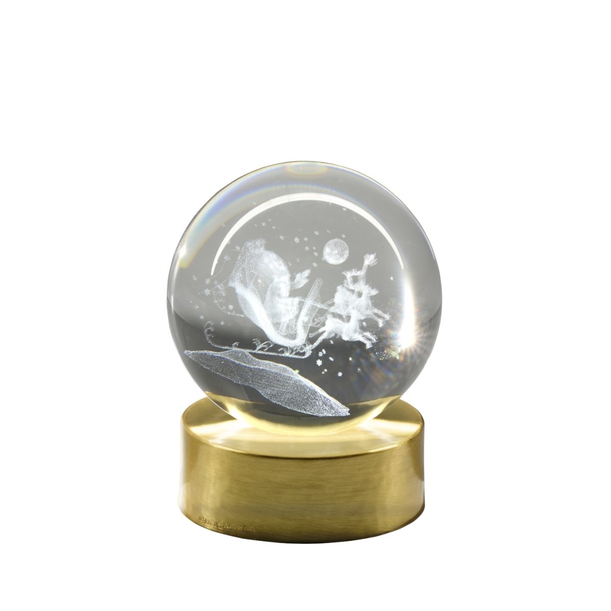 Lampada di ambientazione wireless con sfera in vetro, incisione a laser con babbo natale sulla slitta e base dorata spazzolata diam. 6 cm