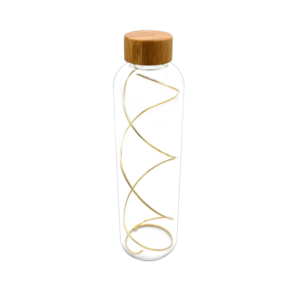 Bottiglia per tavola da 1 lt in vetro borosilicato con tappo in legno e spirale antimicrobica in argento trilaminato con finitura dorata