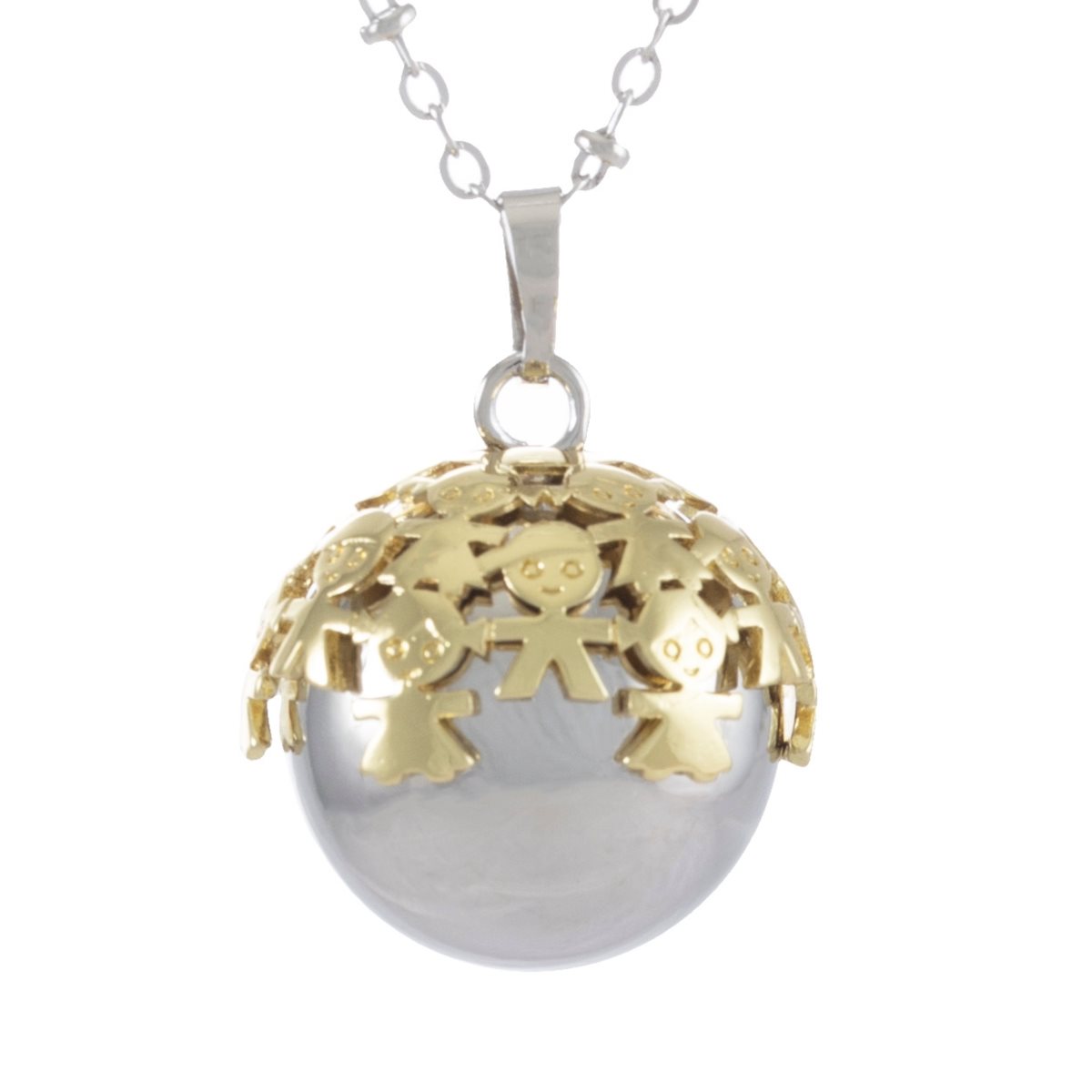 Catena con pendente chiama-angeli in argento laminato decorato con bimbi stilizzati dorati