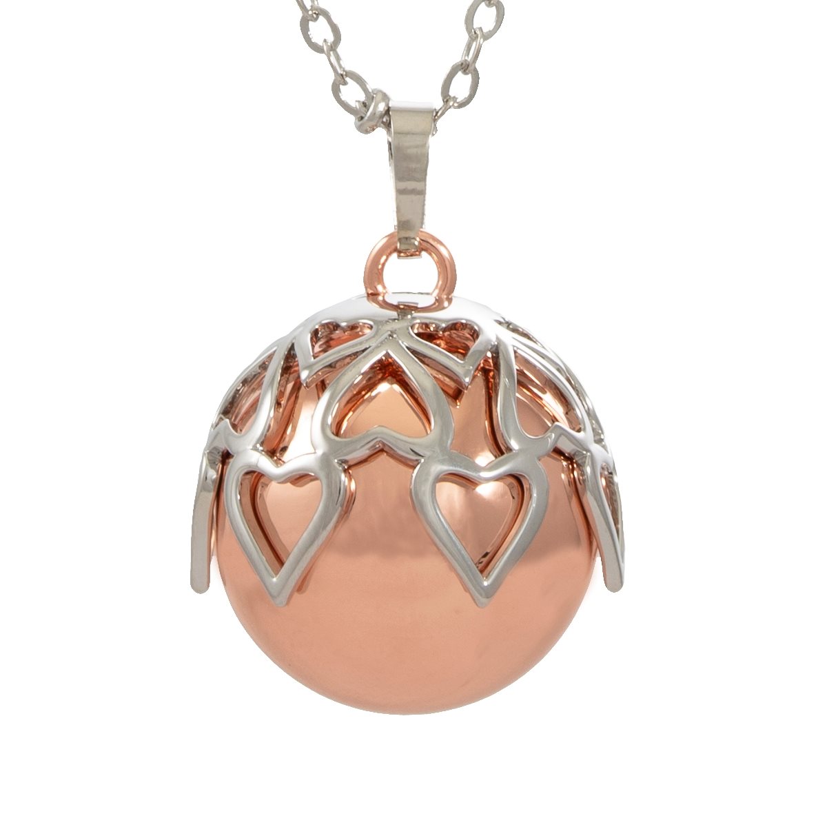 Catena con pendente chiama-angeli in argento laminato con finitura rosata decorato con cuori dorati