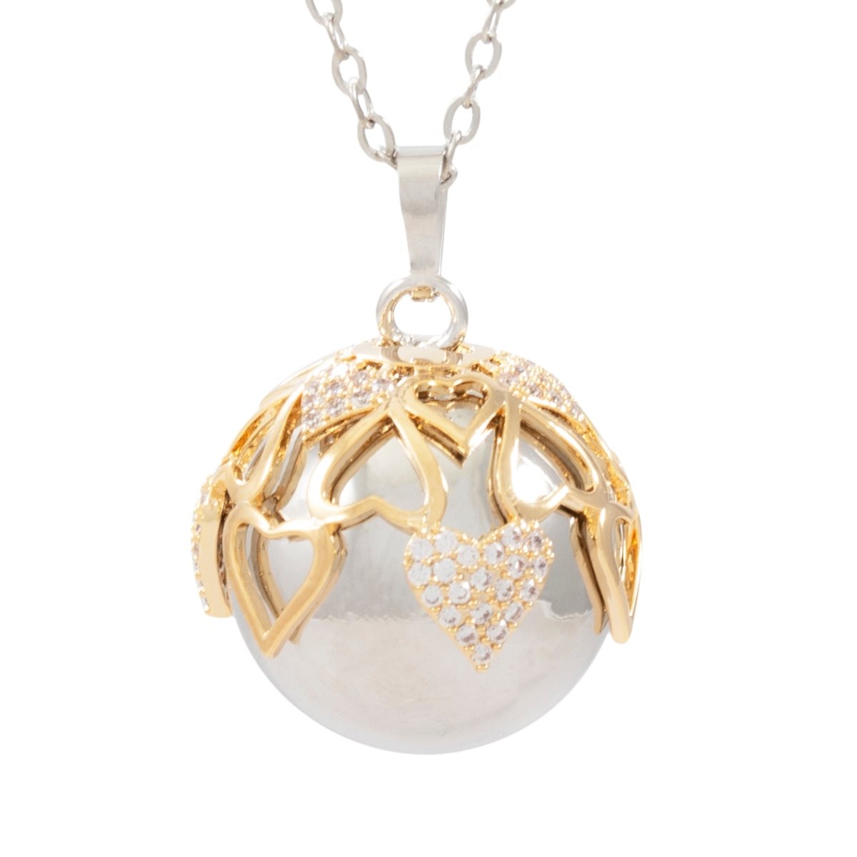 Catena con pendente chiama-angeli in argento laminato decorato con cuori dorati e zirconi