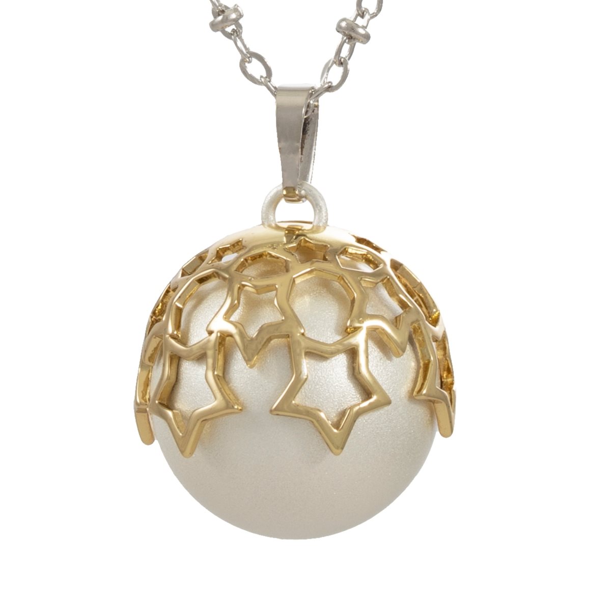 Catena con pendente chiama-angeli in argento laminato con finitura madreperla decorato con stelline dorate