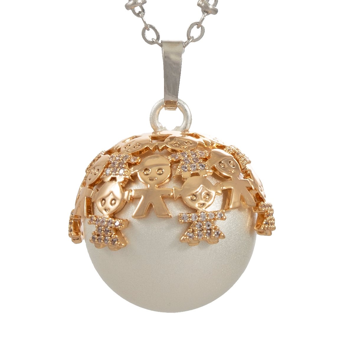 Catena con pendente chiama-angeli in argento laminato con finitura madreperla decorato con bimbi stilizzati dorati e zirconi