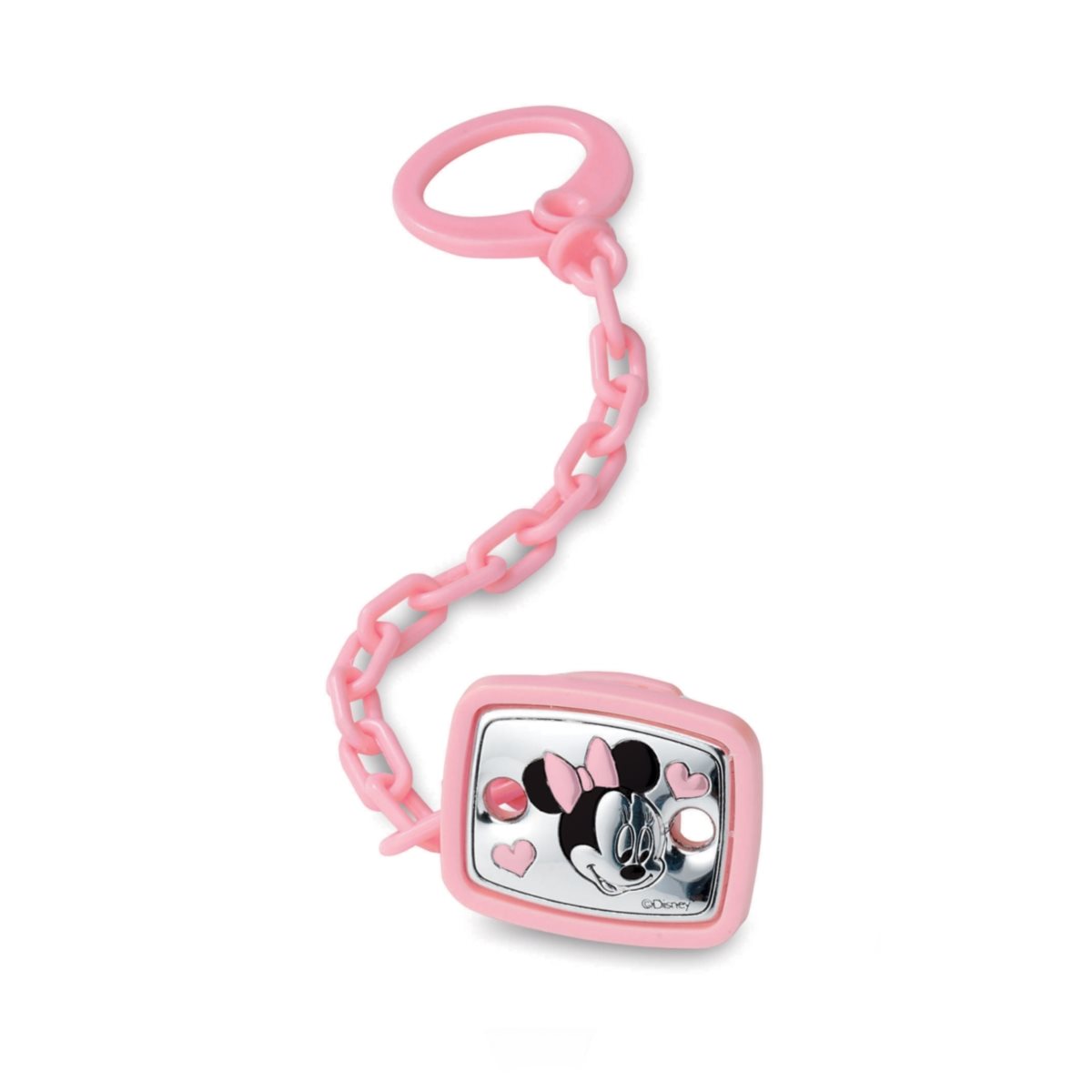 Pinza portaciuccio rosa con blasone in argento laminato con immagine di baby minnie mouse