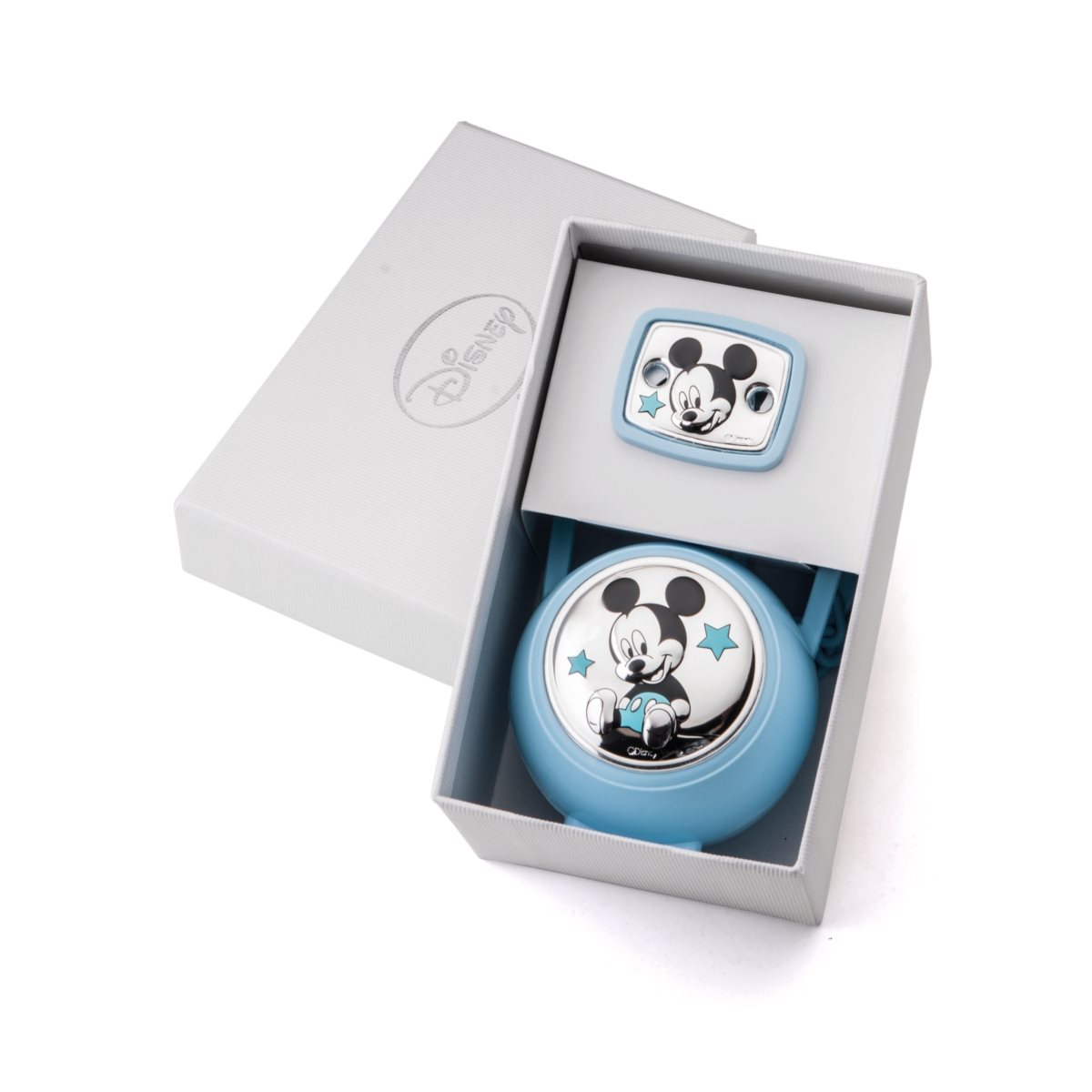 Set con pinza e box portaciuccio azzurri con blasone in argento laminato con immagine di baby mickey mouse