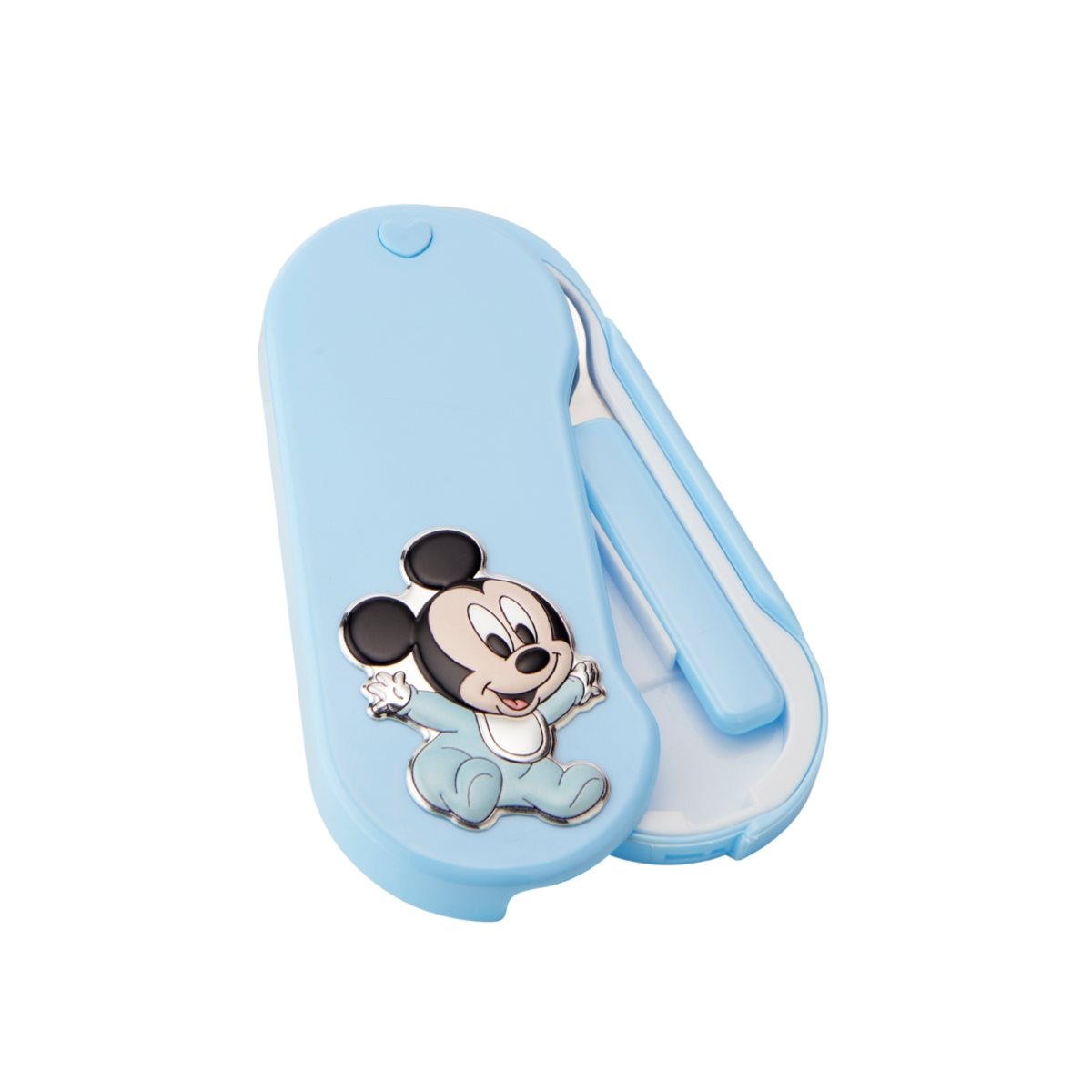 Set posatine per bimbo walt disney in acciaio e plastica azzurra con astuccio decorato da un blasone argentato con baby mickey mouse