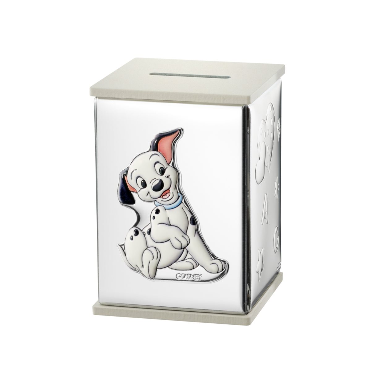 Salvadanaio carica dei 101 per bambini in legno bianco rivestito in argento laminato collezione disney