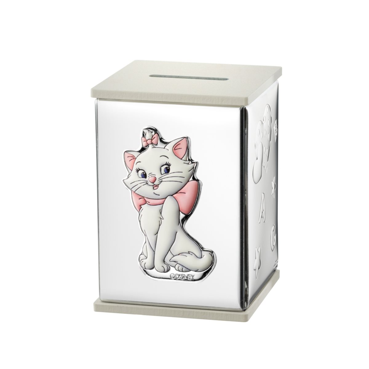 Salvadanaio aristogatti per bambini in legno bianco rivestito in argento laminato collezione disney
