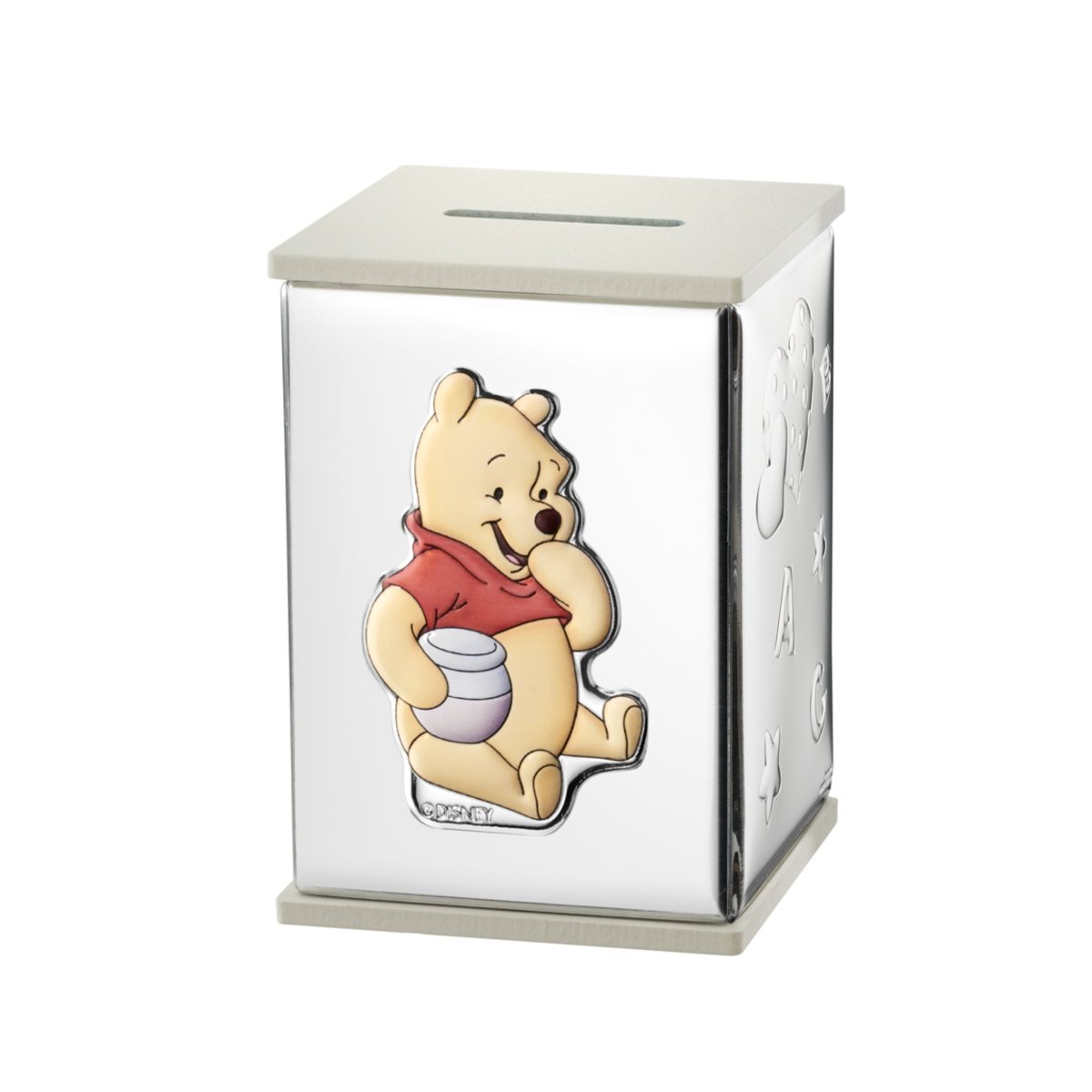 Salvadanaio winnie the pooh per bambini in legno bianco rivestito in argento laminato collezione disney