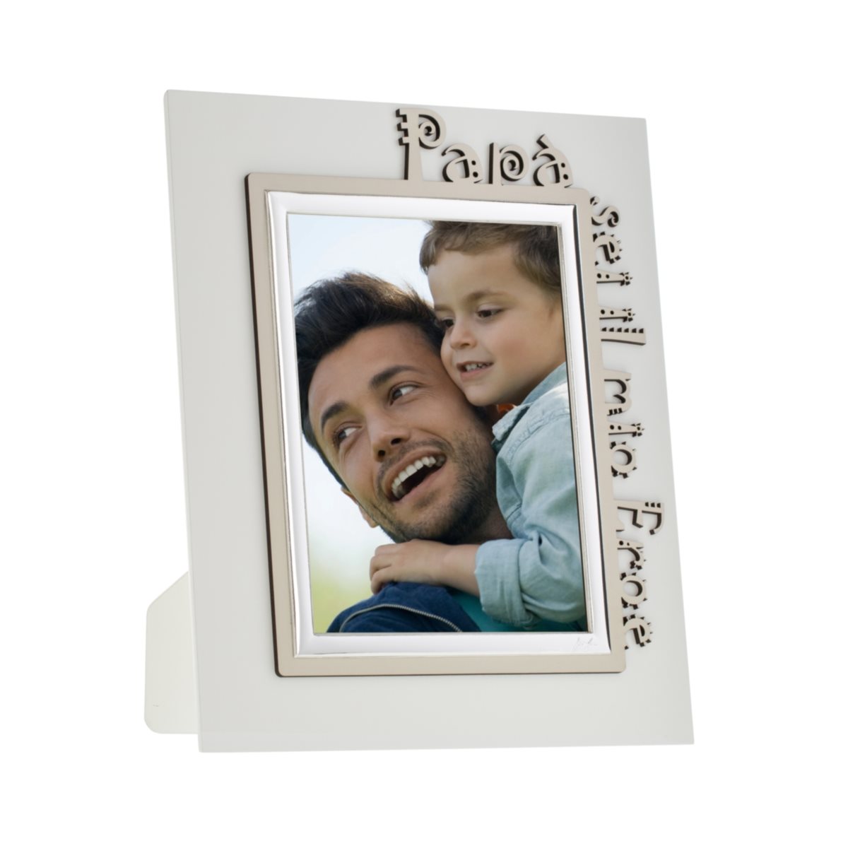 Cornice per la festa del pap in argento laminato con dedica  sei il mio eroe  intagliata in legno mis. 13x18