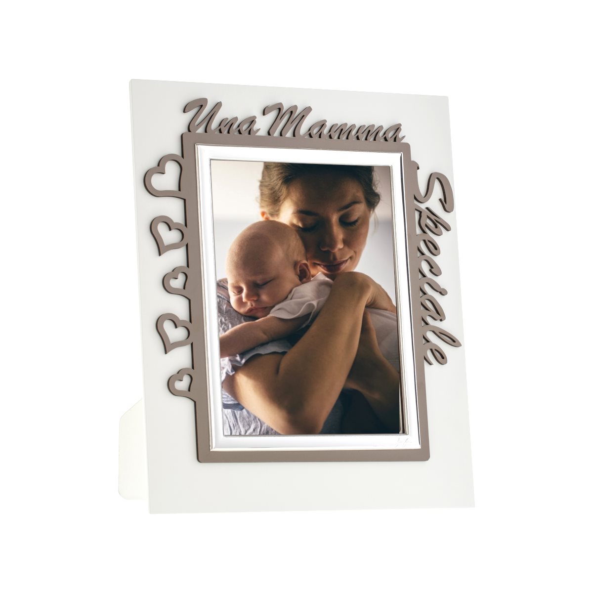 Cornice per la festa della mamma in argento laminato con scritta intagliata una mamma speciale in legno color crema e grigio mis. 13x18