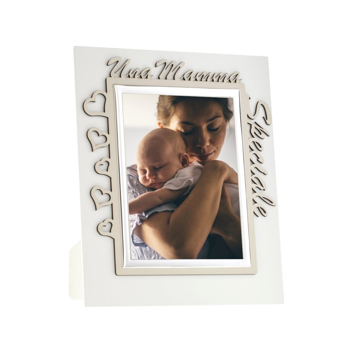 Cornice per la festa della mamma in argento laminato con scritta intagliata una mamma speciale in legno color crema e tortora mis. 13x18