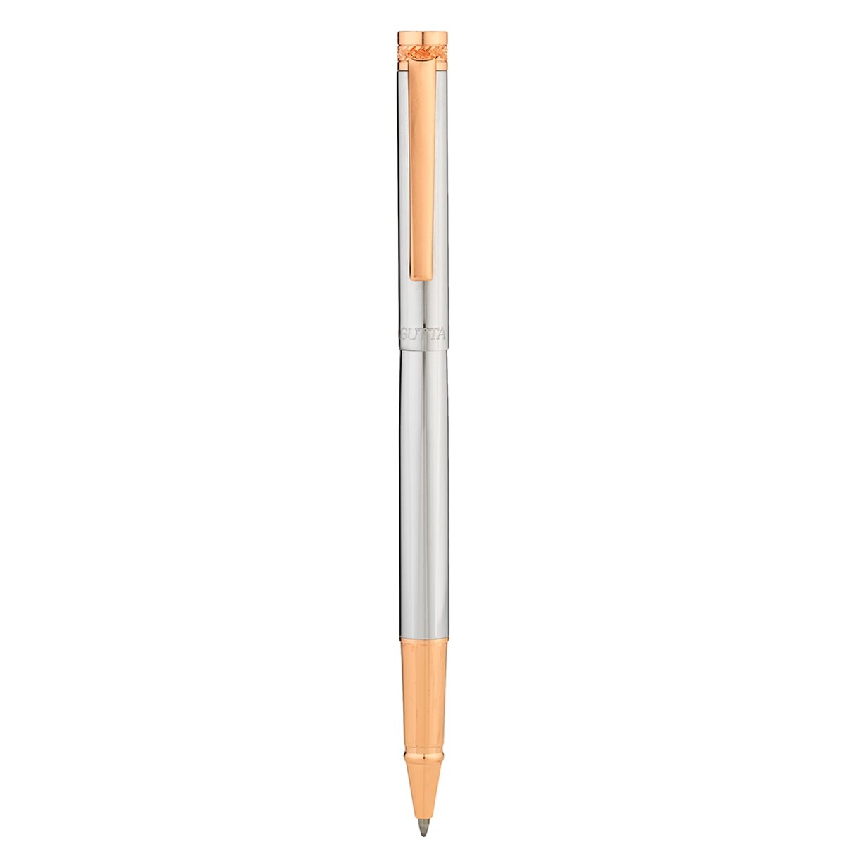 Penna a sfera in acciaio lavorato liscia color cromo con dettagli ramati