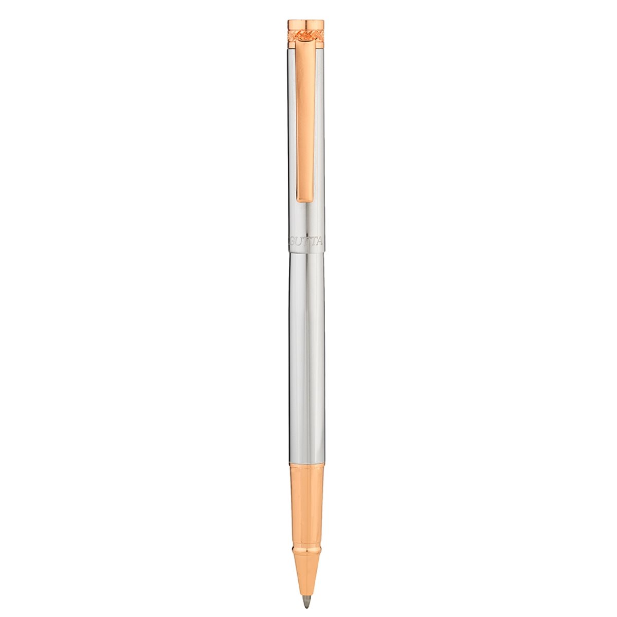 Penna roller in acciaio lavorato liscia color cromo con dettagli ramati