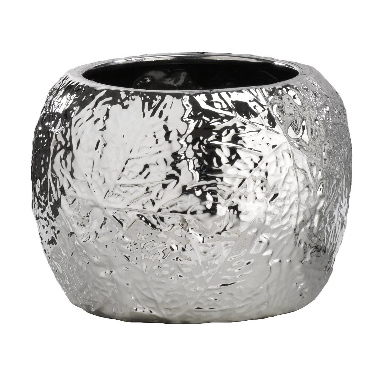 Vaso cache-pot in ceramica argentata linea foglie con lavorazione craquel