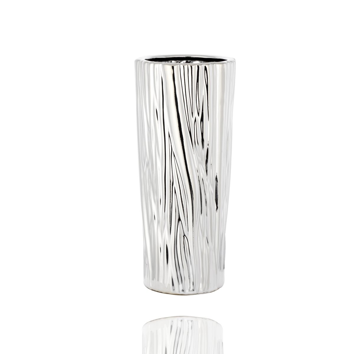Vaso in ceramica argentata cilindrico con lavorazione a corteccia h. 33 cm