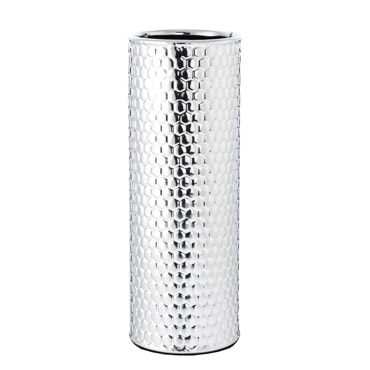 Vaso in ceramica argentata con lavorazione a nido d'ape, a base tonda, h. 31 cm