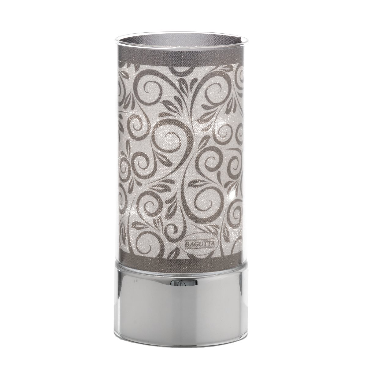 Lampada di ambientazione da appoggio in vetro decorato con motivo floreale e base argentata h 20