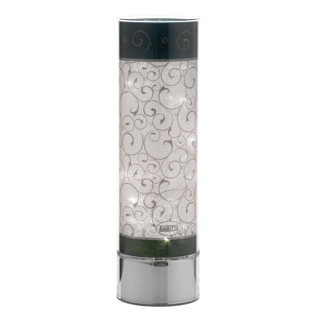 Lampada di ambientazione da appoggio in vetro con decorazione stilizzata e base argentata h 30