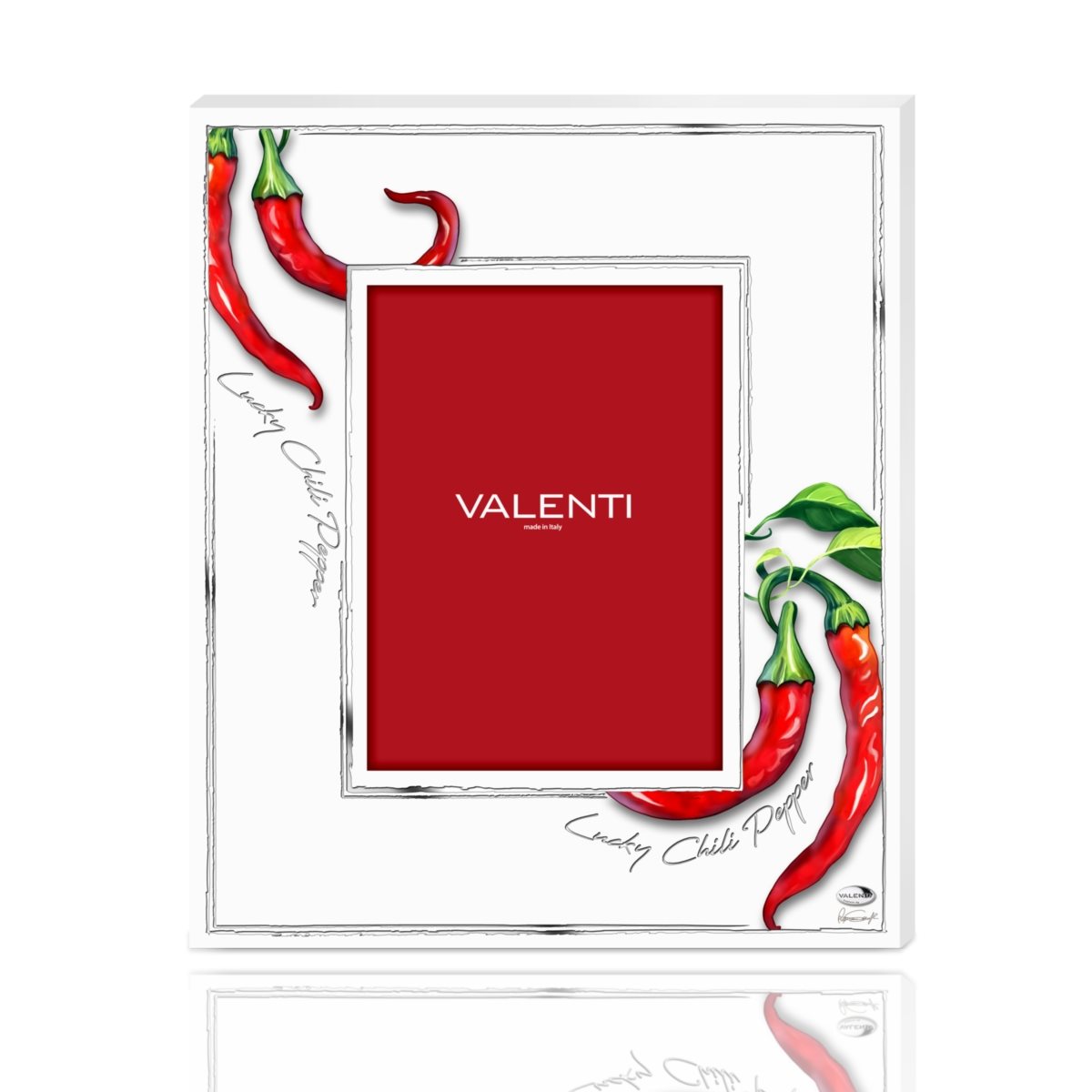 Cornice 15x20 in legno bianco con disegno di peperoncini e dettagli in foglia d'argento