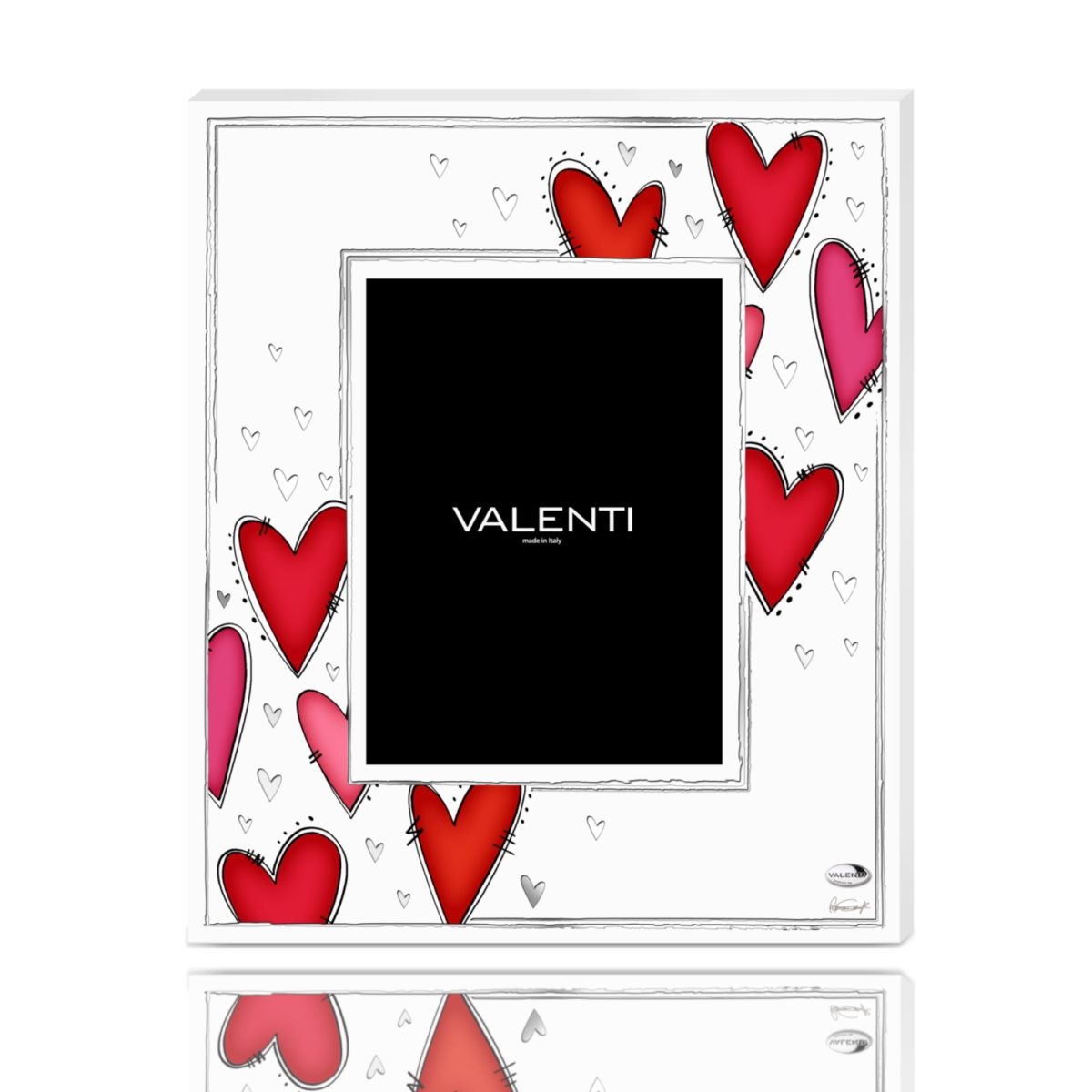Cornice 15x20 in legno bianco con disegno di cuori e dettagli in foglia d'argento