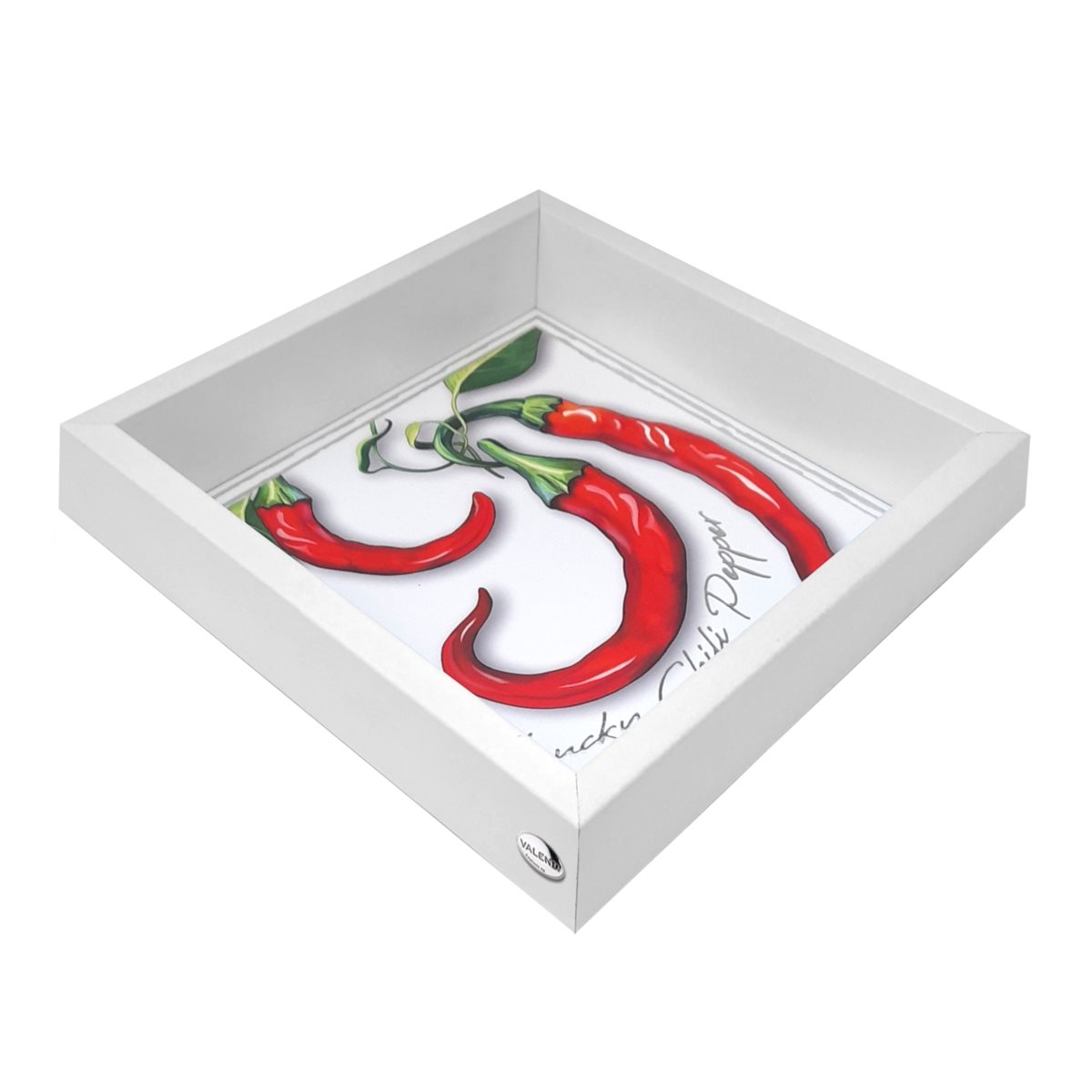 Vassoio 18x18 in legno bianco con disegno di peperoncini e dettagli in foglia d'argento