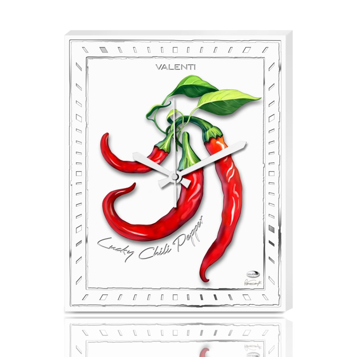 Orologio 20x25 da tavolo e da parete in legno bianco con disegno di peperoncini e dettagli in foglia d'argento