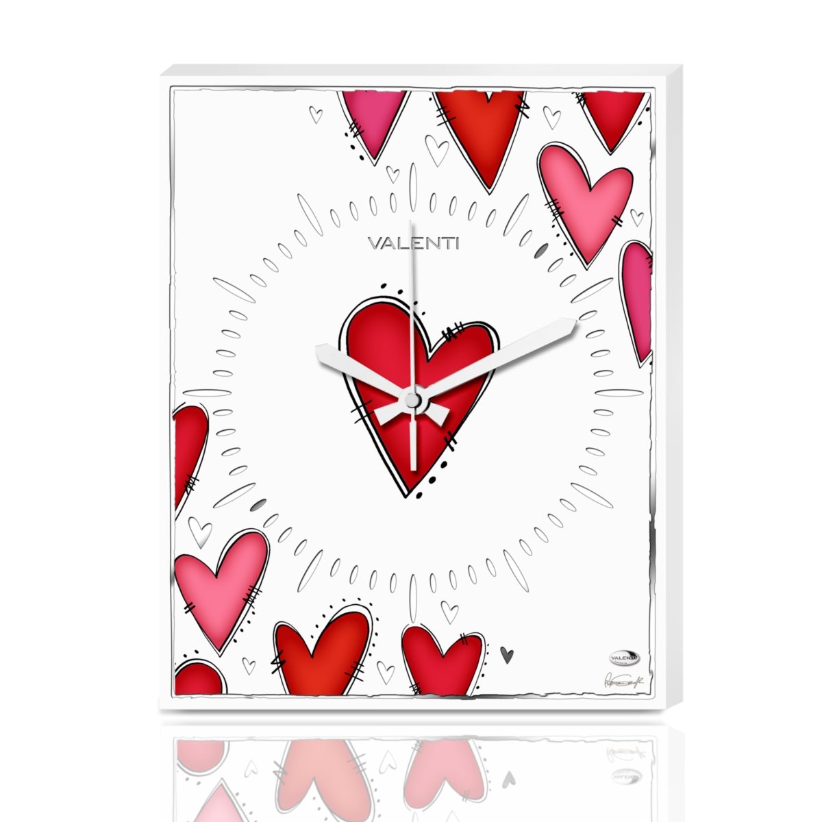 Orologio 20x25 da tavolo e da parete in legno bianco con disegno di cuori e dettagli in foglia d'argento