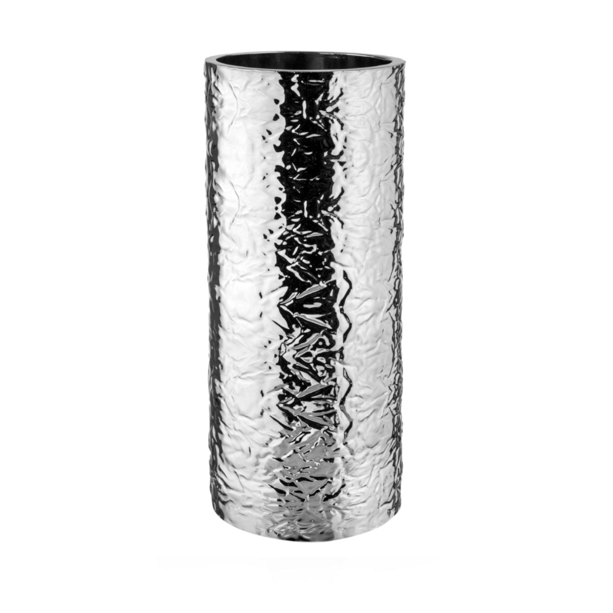 Vaso cilindrico in resina argentata con superficie increspata