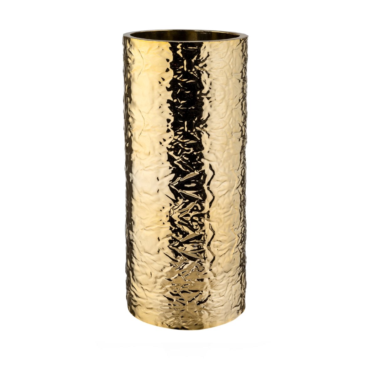 Vaso cilindrico in resina dorata con superficie increspata