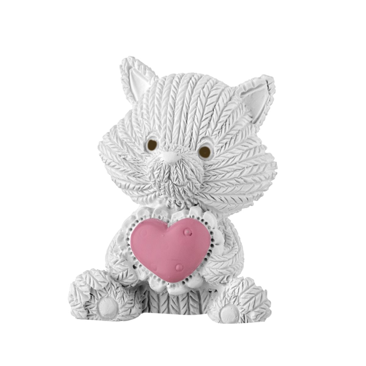 Bomboniera da battesimo per bimba con gattino in resina rosa e bianca e scatola regalo