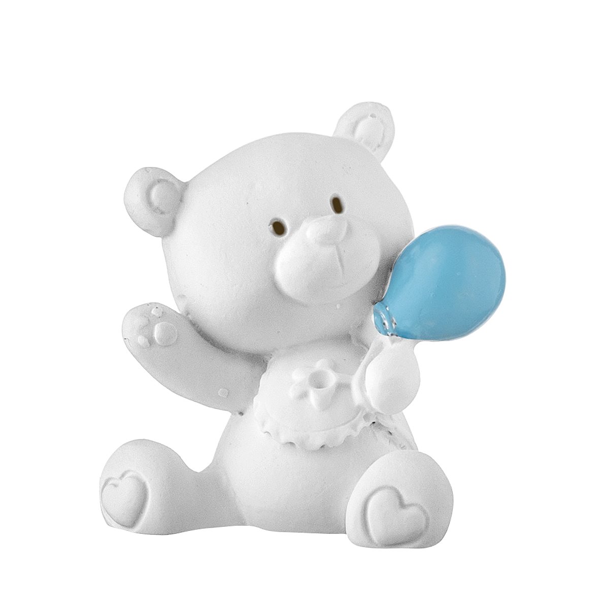 Bomboniera da battesimo per bimbo con orsetto e palloncino in resina azzurra e bianca e scatola regalo
